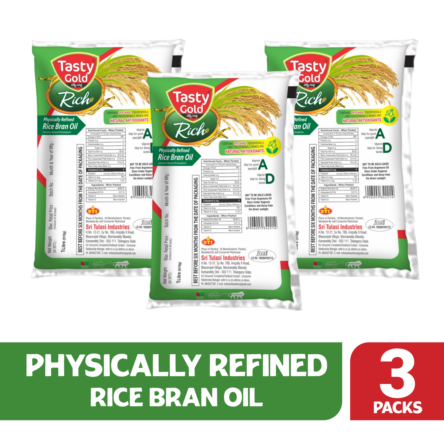Refined Rice Bran Oil | 1000ml | Pack of 3